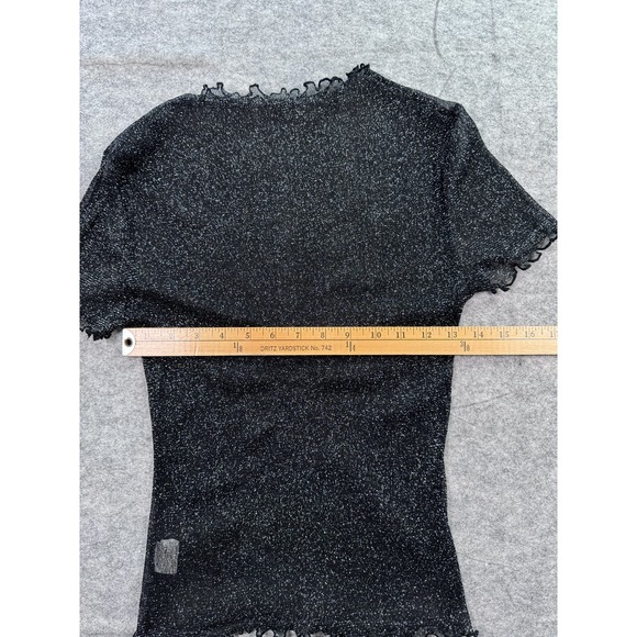 Sheer Black Mesh Large‎ Short Sleeve Lettuce Trim Top with Metallic Sparkles - Picture 4 of 6